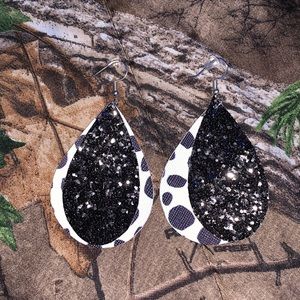 Cow Print And Black Glitter Earrings